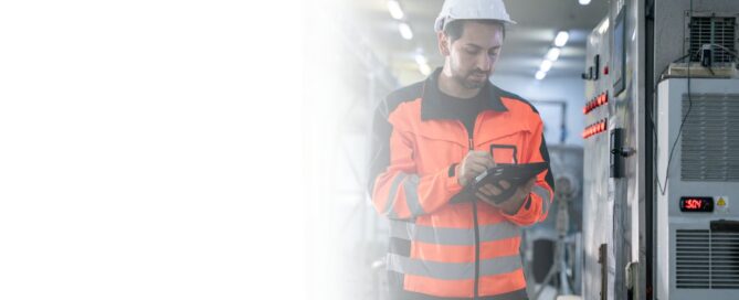 Dos ingenieros o técnicos, hombre y mujer, con chalecos de seguridad, revisando un arreglo de paneles solares durante una inspección de mantenimiento preventivo.