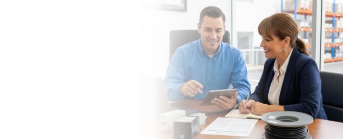 Dos ingenieros, hombre y mujer, con chalecos de seguridad, revisando planos de un parque solar industrial durante una evaluación de viabilidad para la cotización.