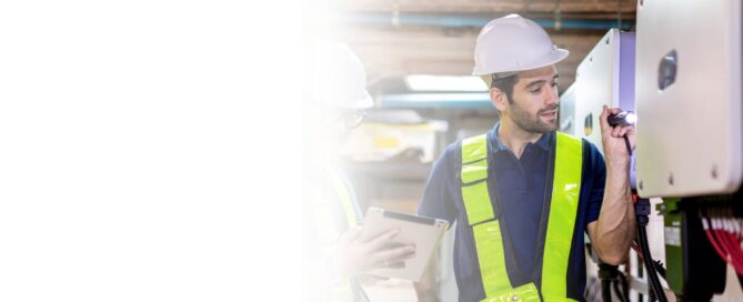 Ingeniero de mantenimiento industrial con casco y chaleco reflectante, anotando datos en una tablet junto a un panel de control eléctrico.