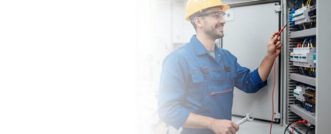 Un técnico electricista sonriente con casco de seguridad amarillo y uniforme azul, revisando el panel de control eléctrico con un multímetro y sosteniendo una llave inglesa en una fábrica.